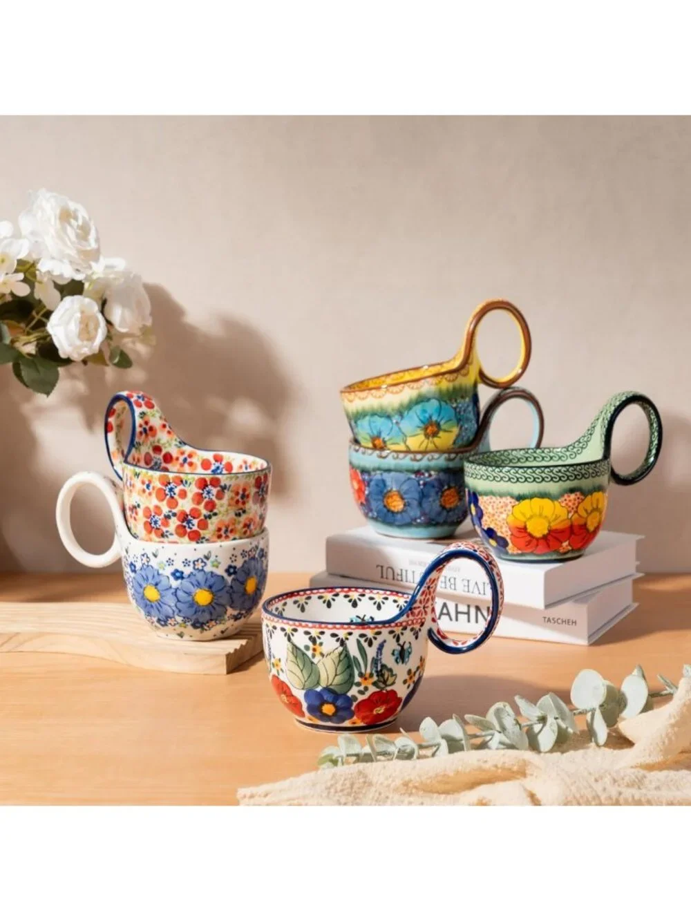 Handmade Ceramic Soup Bowl Set with Loop Handle, Spoon & Plate - Microwave Safe